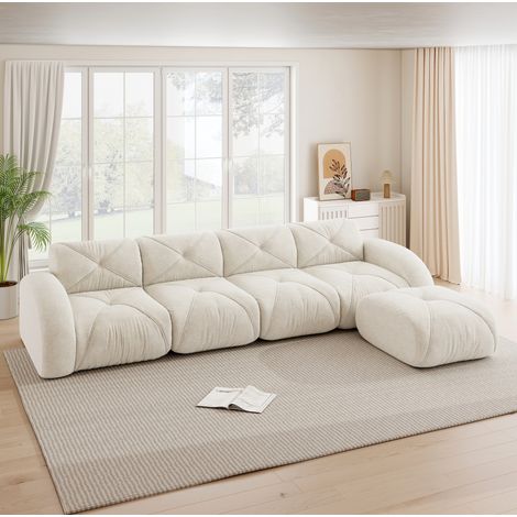 Sofá esquinero modular de 4 plazas con otoman, sin montaje, chenilla beige claro HAVRYA (1/5)
