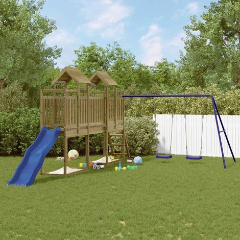 Aire de jeux extérieure en bois avec toboggan, balançoire double et bacs à sable - PANGIVO (1/5)