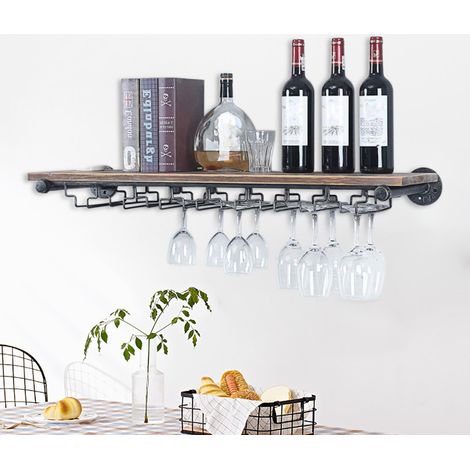 8 Gläser Weinregal Vintage Holz Wandbar, Wand Flaschenhal mit Glashalter für Bar (1/5)