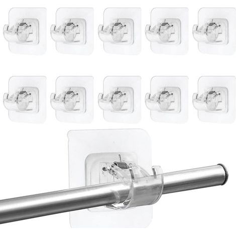 10 Pièces Support Tringle Rideaux sans Percage,Porte-Serviettes Clips Supports de Tringle Auto-Adhésifs Transparent, Crochets Autocollants pour Tringle à Rideaux pour Cuisine Salle de Bain(Sans tige) (1/4)