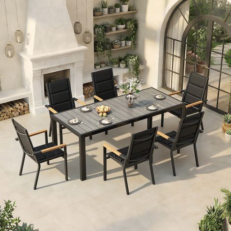 Devoko – Ensemble table et chaise de jardin 6 personnes – 189 cm table en aluminium – 6 chaises empilables – Aspect bois gris (1/5)