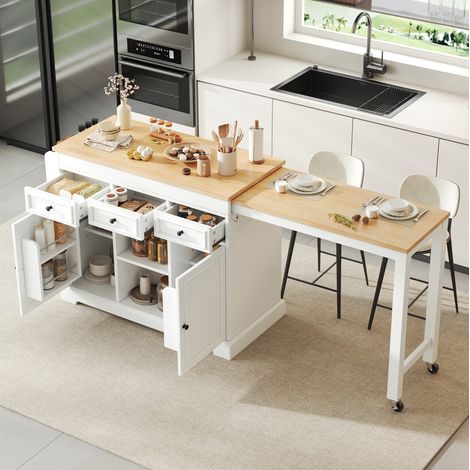 Îlot de cuisine mobile 112-188 x 45 x 92 cm avec plateau extensible, 3 tiroirs, rangement, et naturel - blanc (1/5)