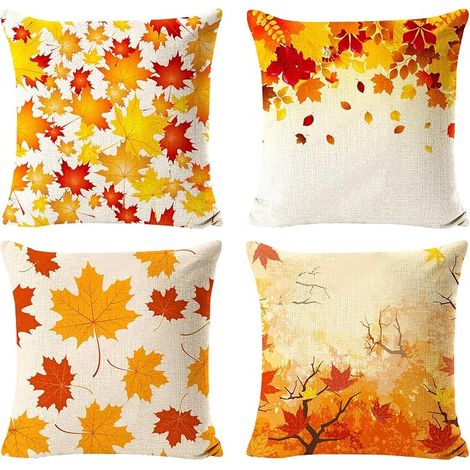 Lot de 4 housses de coussin en lin, style rustique, motif feuilles d'érable jaune, 45x45 cm, pour salon de campagne, maison. (1/5)