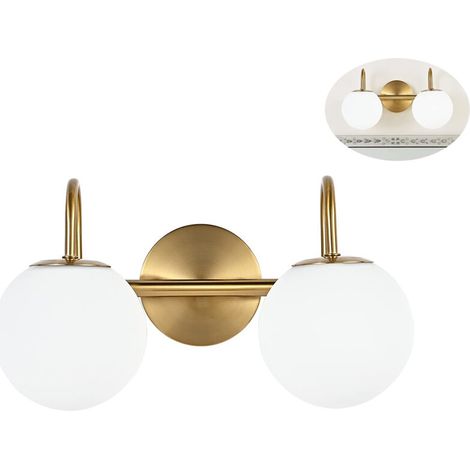 Applique murale double G9 pour miroir de salle de bain, style médiéval-moderne, structure en métal, abat-jour en verre dépoli blanc laiteux. (1/5)