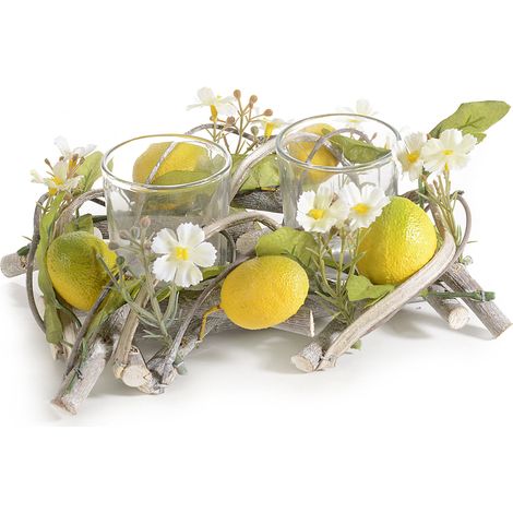 Centrotavola in legno con 2 vasetti portacandela in vetro, fiori e limoni decorativi, set da 2 pezzi, cm 20 x 14 x 8 H