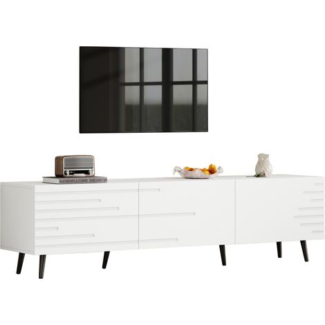 Meuble TV blanc 180 x 40 x 48 cm avec 3 portes abattantes, grand espace de rangement, pour téléviseur jusqu’à 80 pouces, MDF, design imprimé 3D  CHICFURN (1/5)