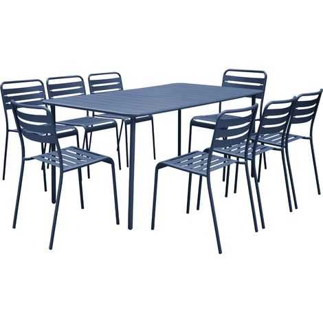 Table de jardin métal + 8 assises bleu marine traitement antirouille. lattes et bords arrondis (1/5)