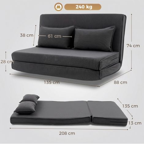 Sofá cama 135 x 208 cm con respaldo ajustable, 2 cojines, tejido acanalado gris oscuro OKMYHOME (1/5)