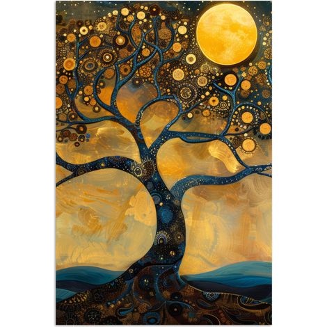 AFFICHE Arbre - Lune - Fleurs - Or - Art Tableau Décoration Murale 80x120 cm (1/4)