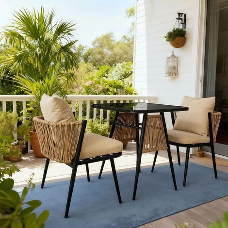 Valena Patio Garden Bistro Set 3 Piece Rattan Outdoor Furniture Table & Chairs (1/5)