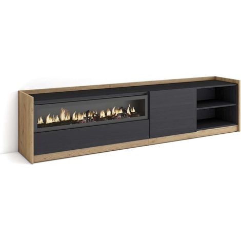 Mueble TV Manilva-02 de 207x50x37 cm con chimenea eléctrica, color negro y roble (1/4)