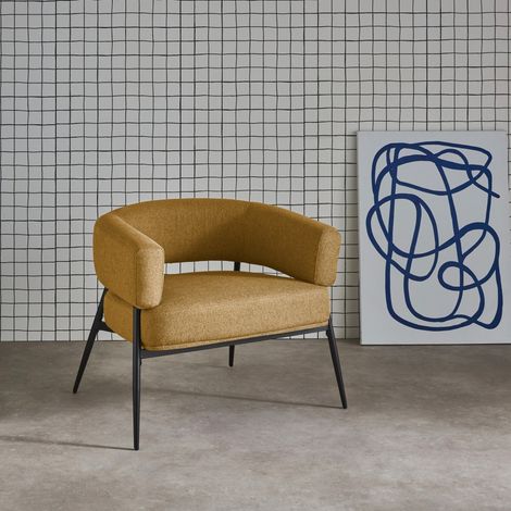 Fauteuil tissu moutarde dossier incurvé piétement métal L 81.5 x P 72.5 x H 69 cm - Cristo