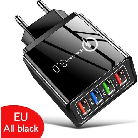 Chargeur multiprise USB 15W 4 Ports USB Chargeur Mural Adaptateur Secteur Adaptateur de Prise de Charge USB Tête de Charge de Voyage Chargeur à Induction - Noir Complet- (1/4)