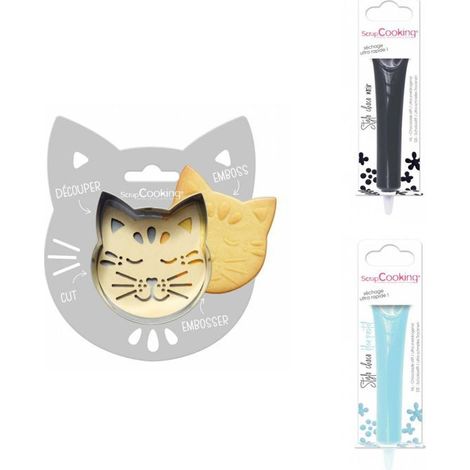 Kit pour biscuit en relief Chat + 2 Stylos au chocolat noir et bleu pastel