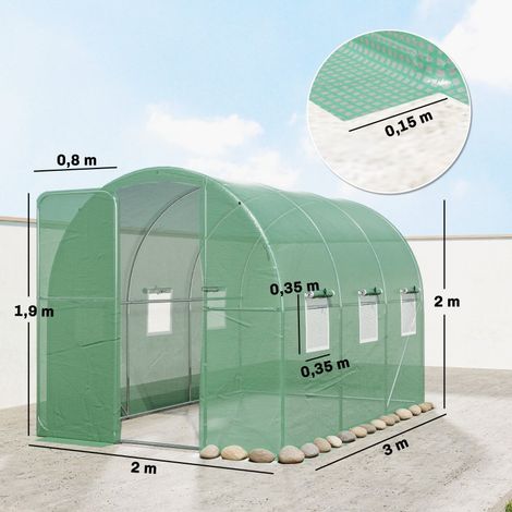 Serre de jardin 3x2x2 m en aluminium, abri tunnel robuste avec porte verrouillable à charnières, 6 ouvertures à enrouleur en maille, poteaux renforcés (1/5)