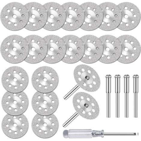 25 disques à tronçonner diamantés (22 mm) pour accessoires d'outils rotatifs Dremel, mini disque diamanté avec 4 mandrins de 3 mm pour carrelage en pierre et verre (1/5)