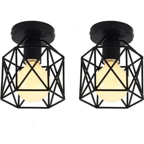 Lot de 2 Plafonnier Industrielle en Métal Cage Carré, Lustre Abat-jour Fer Luminaire E27 40W Noir pour Salon Chambre Bar (1/5)