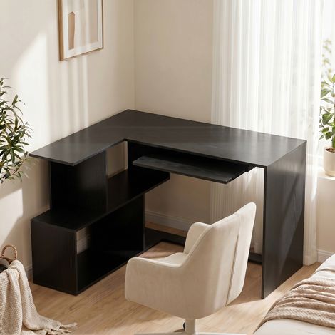Bureau d'Angle, 120 x 100 x 76 cm, Bureau Informatique en L avec Plateau de Clavier, 4 Compartiments Ouverts, Noir (1/5)