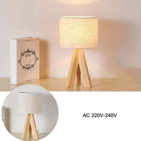 Lampe De Chevet - Bois - Abat-jour Tissu Blanc - Compatible E27 Jusqu'à 60 W - Lumière Chaude - 20x17 cm (1/4)