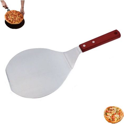 Panier à pizza rond en acier inoxydable avec poignée en bois résistant à la chaleur - Panier à pizza durable - Argenté - Poussoir à pizza - Convient pour les pizzas maison et la cuisson au four (1/5)