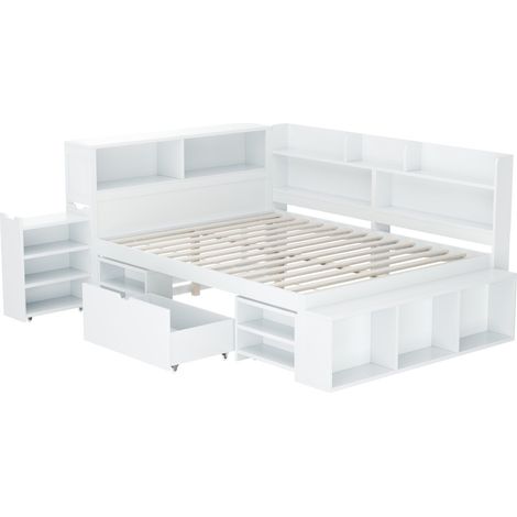 Lit enfant 140x200 cm blanc avec tiroirs, bibliothèque et rangements (1/5)