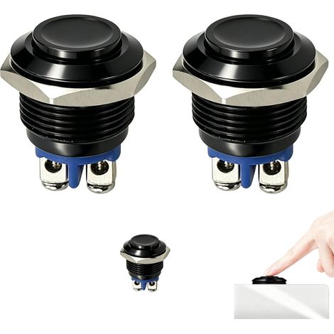 2 Pcs Bouton Poussoir 12V Momentané Étanche 16mm, Bouton Poussoir Momentané en Métal, Commutateur Auto-Réinitialisation 12V-220V 2A avec Vis, Bouton De Démarrage Rond pour Voiture, Moto, Bateau et DIY (1/5)