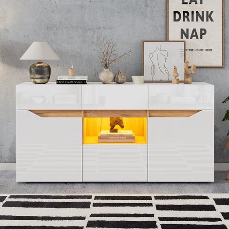 Buffet haut LED 140x40x70 cm avec 4 tiroirs et 2 placards et niche ouverte et façade brillante-Bois-Blanc (1/5)