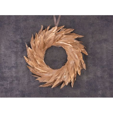 Kranz MagicHome Weihnachten, aus Federn, goldfarben, hängend, 35 cm