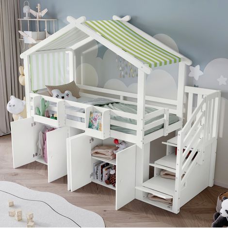Etagenbett Kinderbett 90 x 200 cm mit Stauraumtreppe, Dachdesign, Weiß Grün HAVRYA (1/5)