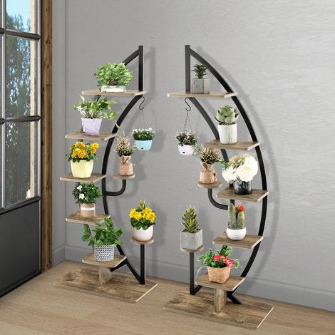Lot de 2 étagères à plantes en métal noir 6 niveaux avec crochet et fixation anti-basculement pour salon, entrée et balcon (1/5)
