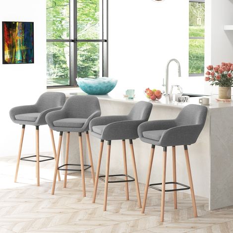 Tabourets de Bar Design scandinave Lot de 4 tabourets de Bar avec Repose-Pieds et accoudoirs Bois massif Lin Gris foncé (1/5)