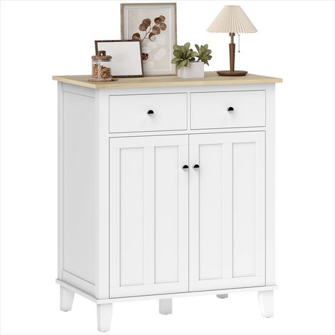 76 cm buffet de rangement 2 portes 2 tiroirs blanc et bois style campagne (1/5)
