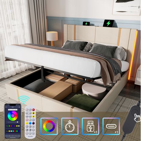 MEUBLIV Lit 160x200 cm beige – rangement, LED et charge USB-C, avec matelas (1/5)
