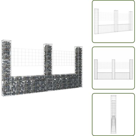 The Living Store Panier de gabion en forme de U avec 3 poteaux Fer 260x20x150 cm - Mur de soutènement (1/5)