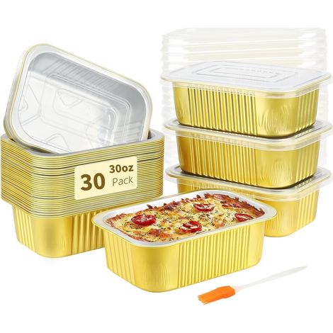Juego de 30 moldes de aluminio para hornear con tapa, moldes de aluminio para repostería de 900 ml, recipientes para comida para llevar, hornear, asar, preparar comidas y recalentar.