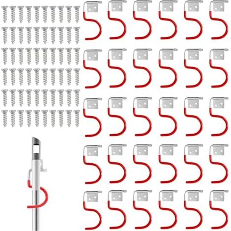 Lot de 30 crochets muraux en métal rouges pour porte-outils, rangement garage, avec 60 vis, système d'organisation étagère à outils jardin - (1/5)