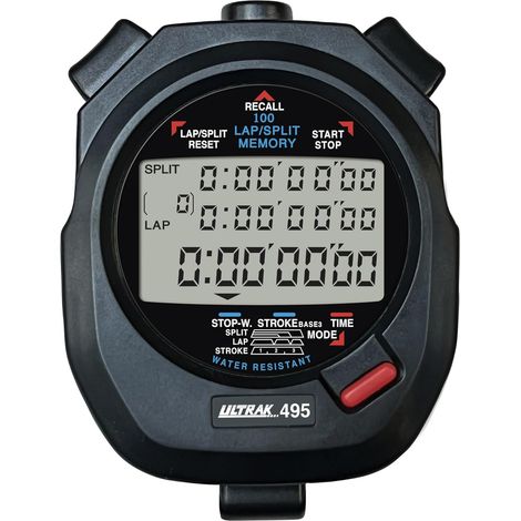 495 Digitale Stoppuhr – Professionelle Sportstoppuhr mit 100 Rundenspeicher und doppelter Zwischenzeitfunktion – Großes 3-zeiliges Display – Intervalltimer, Schwimmtempo-Anzeige, wasserdicht – Für Tra (1/5)