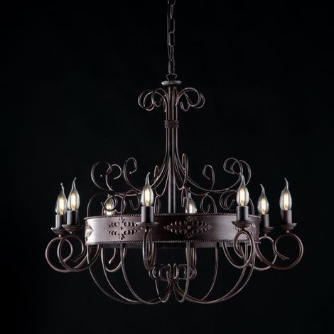 Araña de luces de hierro lacado negro con decoración óxido 8 luces 76 cm