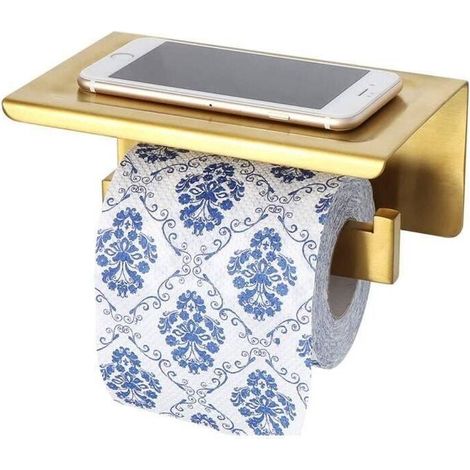 Portarrollos de papel higiénico de pared, sin taladrar, de acero inoxidable, con estante, autoadhesivo o para montaje en pared, dorado (1/4)