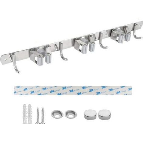 Mop and Broom Holder Wall Mount, Stainless Steel, Adhesive Broom Holder with Hook, Multifunctional Broom Closet for Kitchen, Garden, Bathroom, Garage, Balcony, Office (1/5)