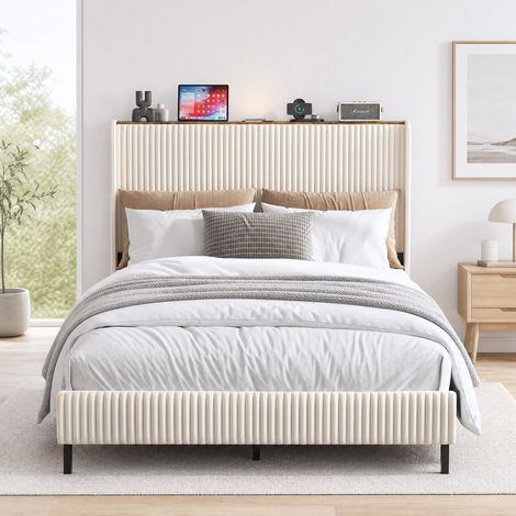 Cama tapizada 140x200 cm, diseño clásico, estructura metálica, tejido de pana, beige y crema (1/5)