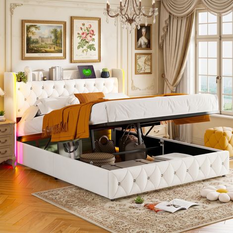 BLANKETSWARM - Lit coffre 160 x 200 cm avec sommier, Lit double 160x200 cm - LED réglable - Ports USB - Tête de lit à lignes ondulantes - Rivets décoratifs - Velours - Blanc (1/5)