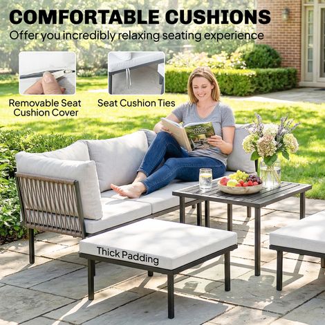 Set Lounge de Jardin 5-6 Personnes - Canapé 2 Places, 2 Fauteuils, Chaise d'Angle, Table Lamellée, Repose-Pieds (1/5)