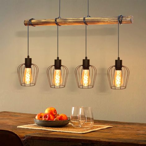 ZMH Suspension rétro vintage en bois à 4 lampes pour salle à manger Design industriel avec spots ajustables en hauteur couleur noir Culot E27 ampoule non incluse