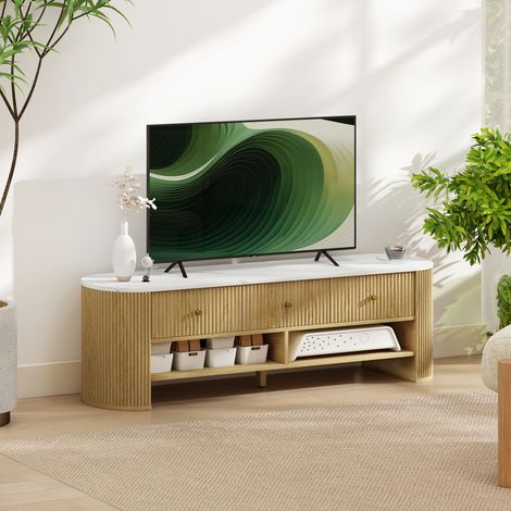 Mobile porta TV da 140 cm, per televisori fino a 65 pollici, effetto marmo, con 3 cassetti con frontali scanalati effetto legno naturale.