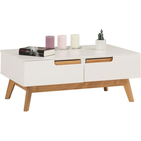 Idimex – Table basse fixe scandinave 90x60cm – 2 tiroirs et niches de rangement – Pin massif lasuré blanc – Design épuré et contemporain