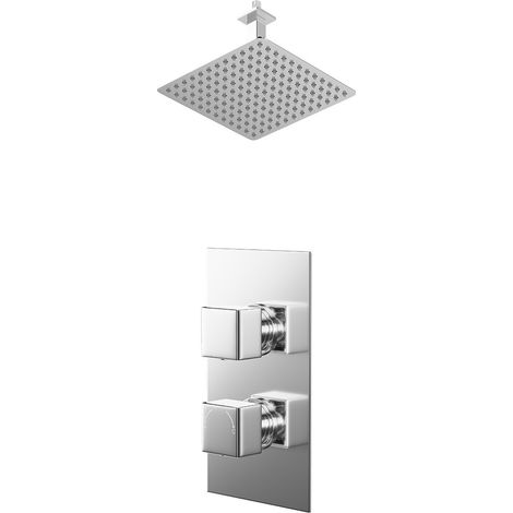 Cubix Polished Chrome Concealed Twin Thermostatic Shower Valve and 300mm Thin Square Fixed Head with 150mm Ceiling Arm - 1 Outlet (1/5)