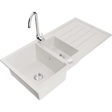Mexen Andres fregadero de granito de 1,5 senos con escurridor y grifo de cocina Telma, blanco - 6515-20-670200-00