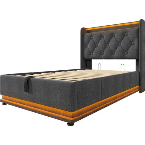 Cama con almacenaje 90 x 200 cm gris de lino con colchón, LED, USB y USB-C, MODENUIT (1/5)