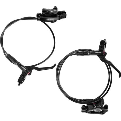 Une paire de freins hydrauliques haute performance pour vélo — des freins à disque légers en alliage d'aluminium avec systèmes hydrauliques avant et arrière, adaptés aux VTT et aux vélos de route. (1/5)